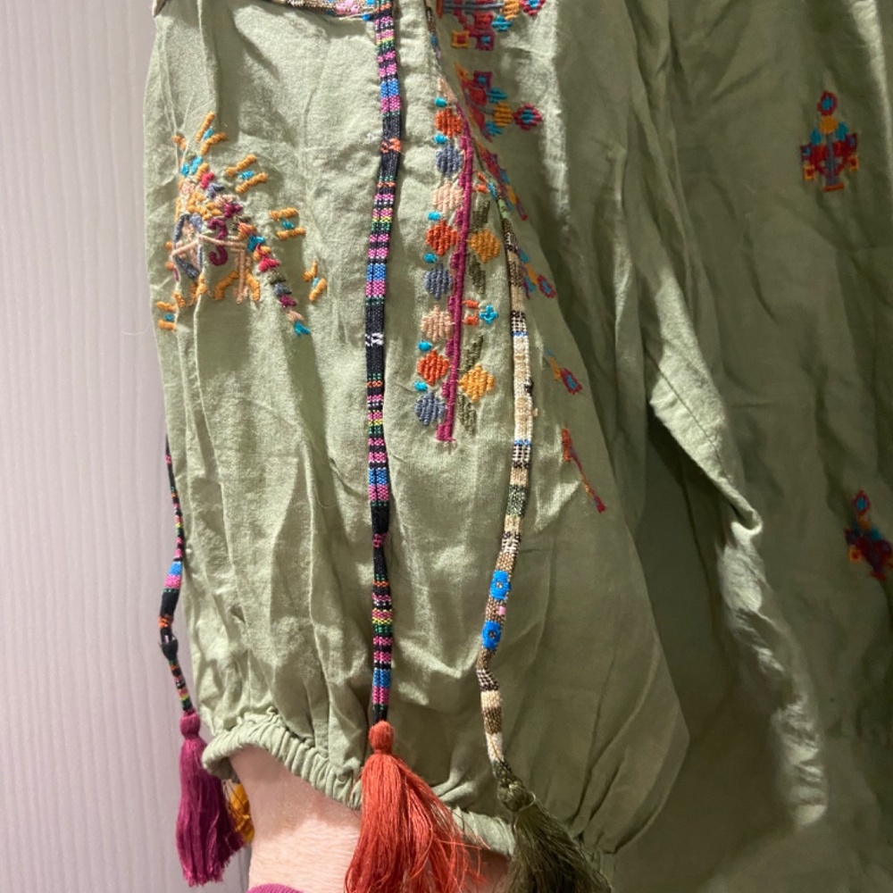 SUNDANCE Journey In Spirit Top Embroidered Square Neck Cotton Green boho - Picture 2 of 7